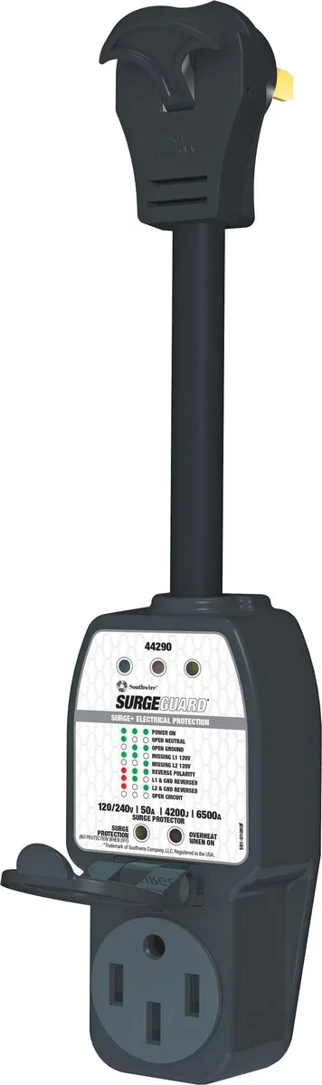 44290 – SOUTHWIRE Surge Protector, Handles The High Power Consumption Demands Of RV Portable 50 Amp 120/ 240 Volt Wit...